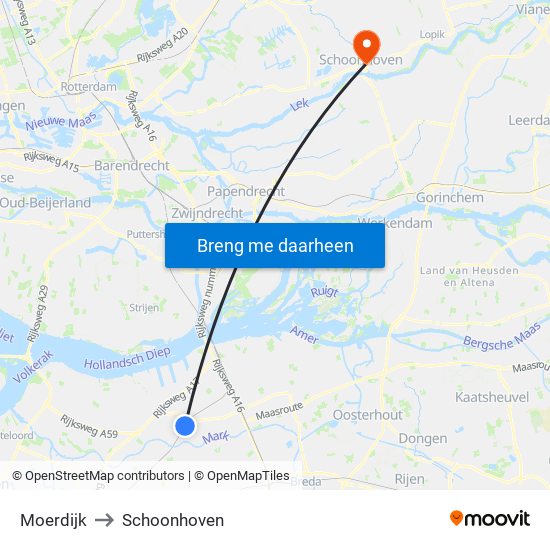 Moerdijk to Schoonhoven map