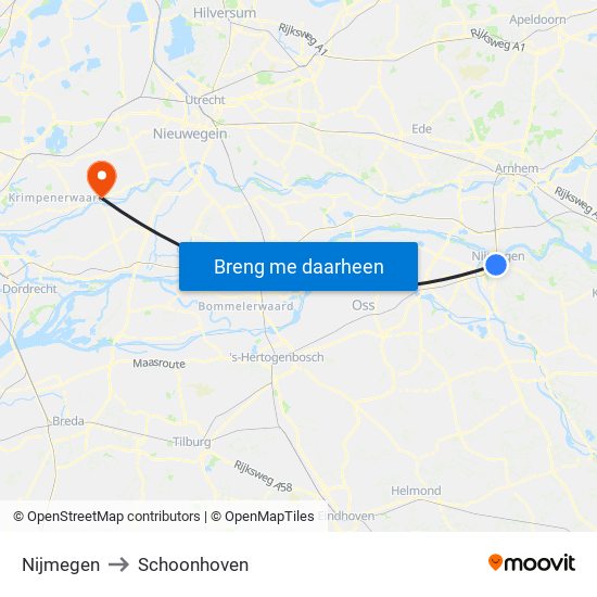 Nijmegen to Schoonhoven map