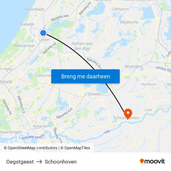 Oegstgeest to Schoonhoven map