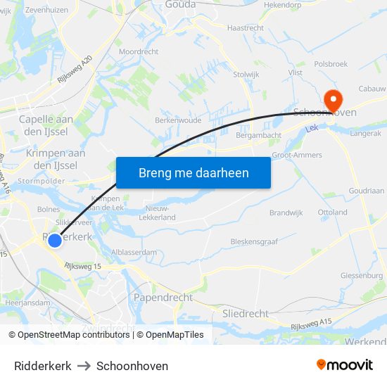 Ridderkerk to Schoonhoven map