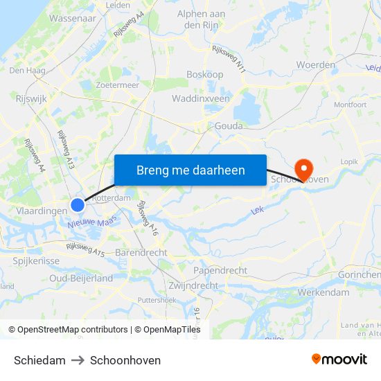 Schiedam to Schoonhoven map