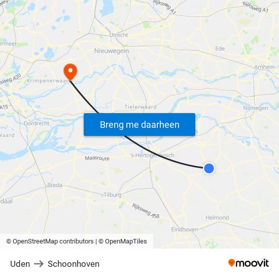 Uden to Schoonhoven map