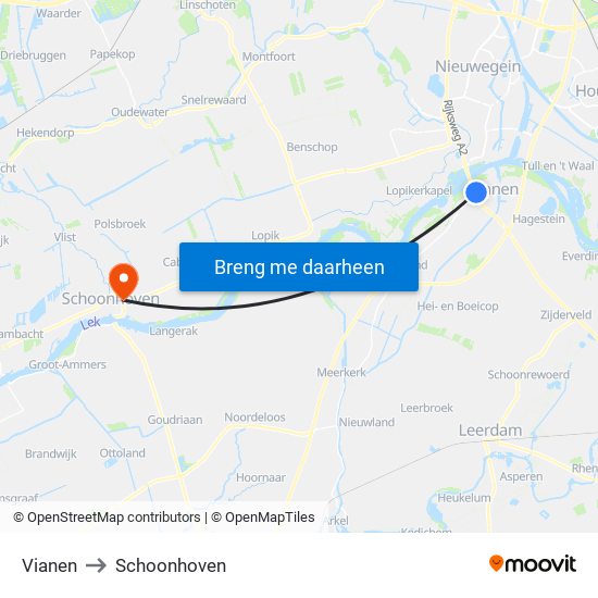 Vianen to Schoonhoven map