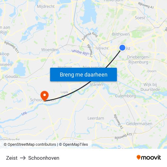 Zeist to Schoonhoven map