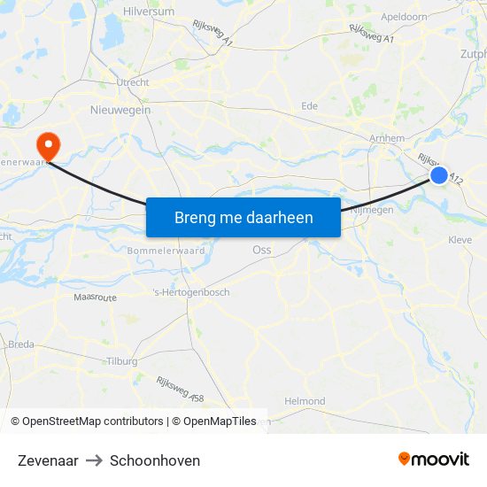 Zevenaar to Schoonhoven map