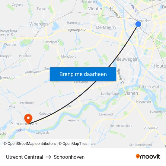 Utrecht Centraal to Schoonhoven map