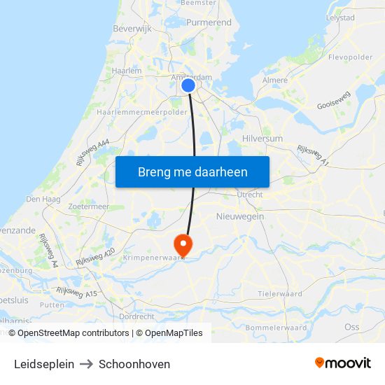 Leidseplein to Schoonhoven map