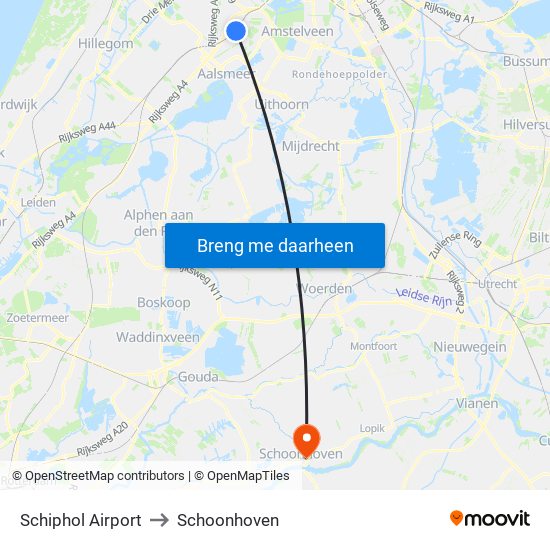 Schiphol Airport to Schoonhoven map