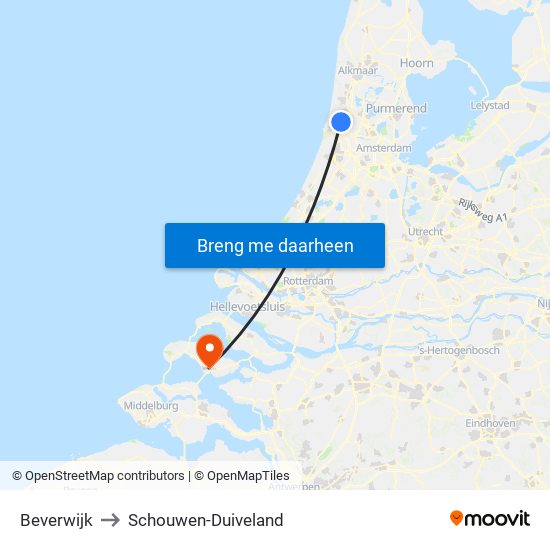 Beverwijk to Schouwen-Duiveland map