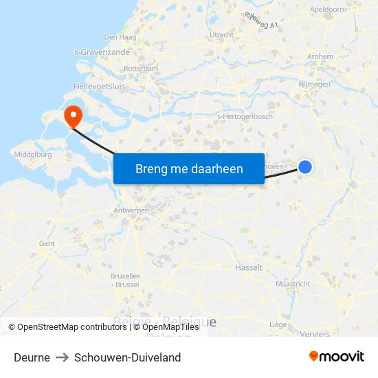 Deurne to Schouwen-Duiveland map