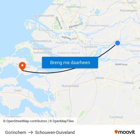 Gorinchem to Schouwen-Duiveland map