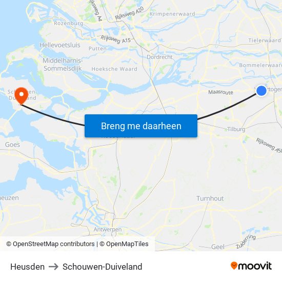 Heusden to Schouwen-Duiveland map