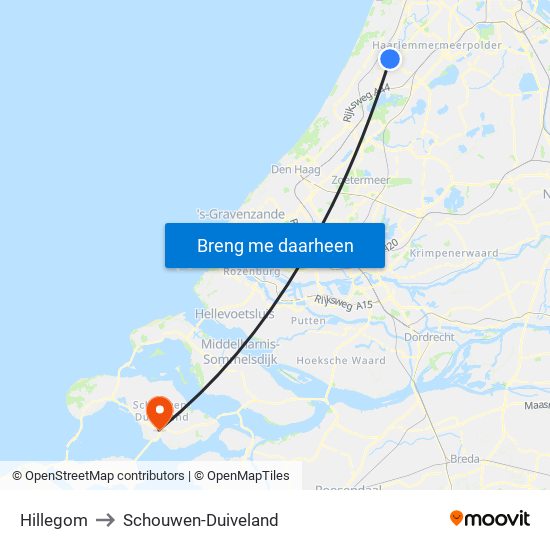 Hillegom to Schouwen-Duiveland map