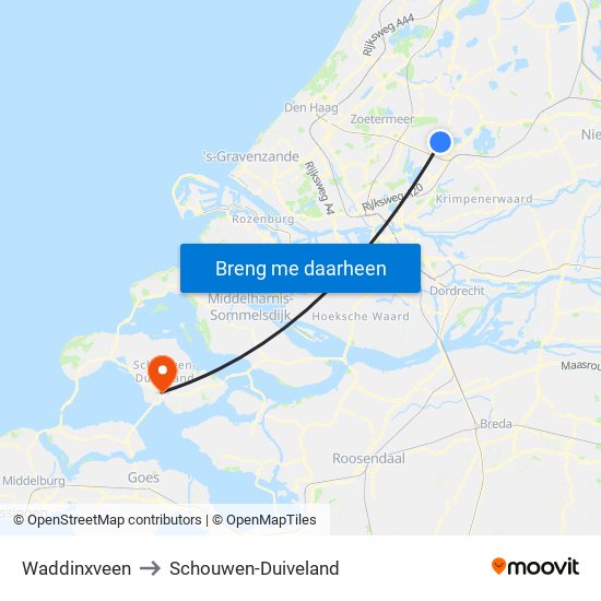 Waddinxveen to Schouwen-Duiveland map
