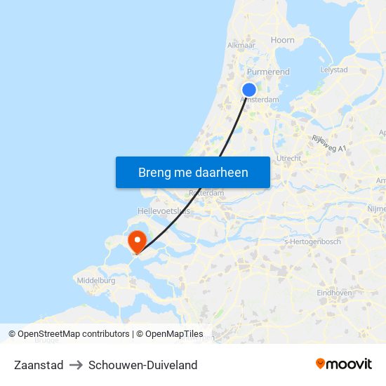 Zaanstad to Schouwen-Duiveland map