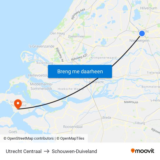 Utrecht Centraal to Schouwen-Duiveland map