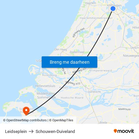 Leidseplein to Schouwen-Duiveland map