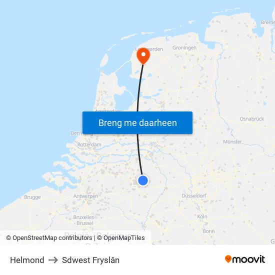 Helmond to Sdwest Fryslân map