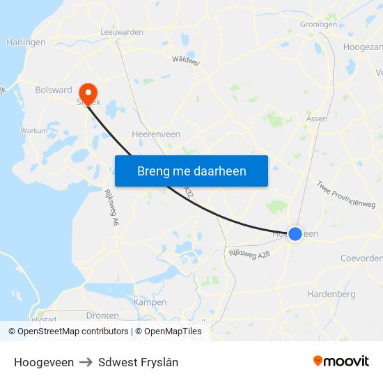 Hoogeveen to Sdwest Fryslân map