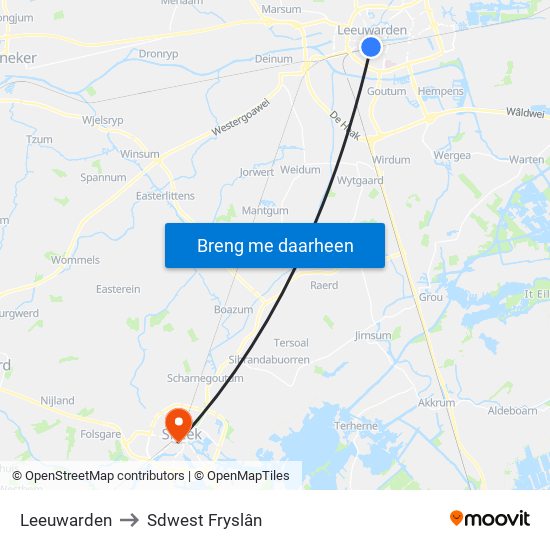 Leeuwarden to Sdwest Fryslân map
