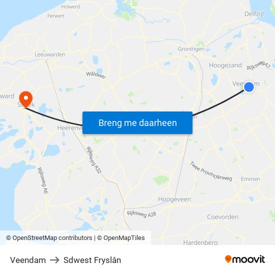 Veendam to Sdwest Fryslân map