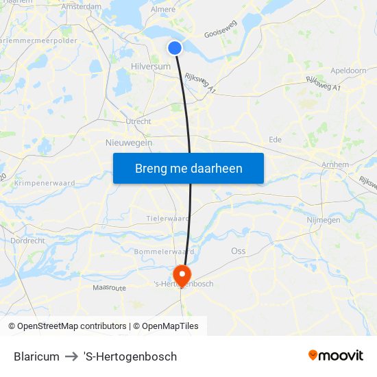 Blaricum to 'S-Hertogenbosch map
