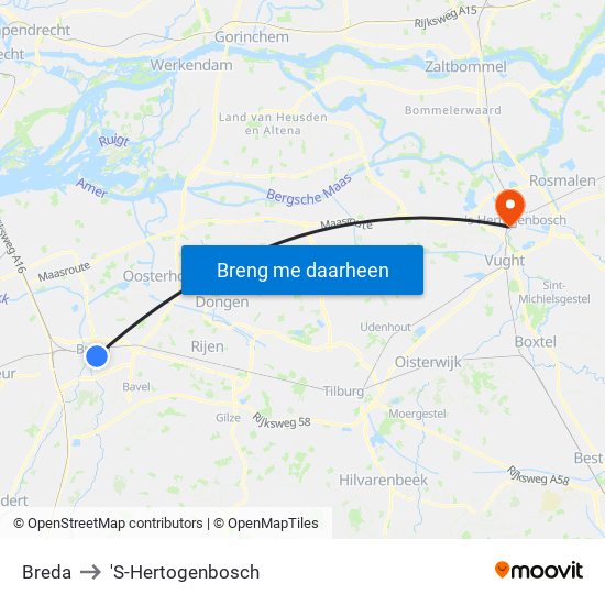 Breda to 'S-Hertogenbosch map