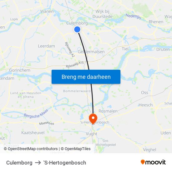 Culemborg to 'S-Hertogenbosch map