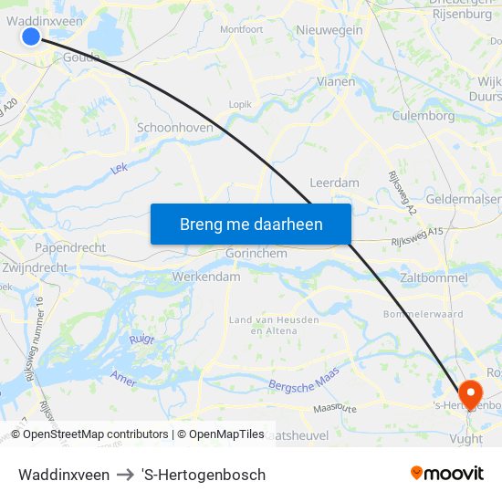 Waddinxveen to 'S-Hertogenbosch map