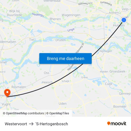Westervoort to 'S-Hertogenbosch map
