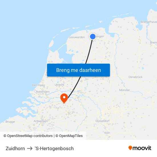 Zuidhorn to 'S-Hertogenbosch map