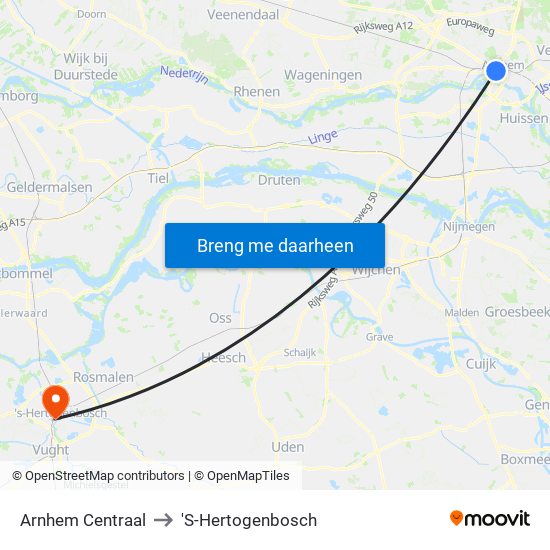 Arnhem Centraal to 'S-Hertogenbosch map