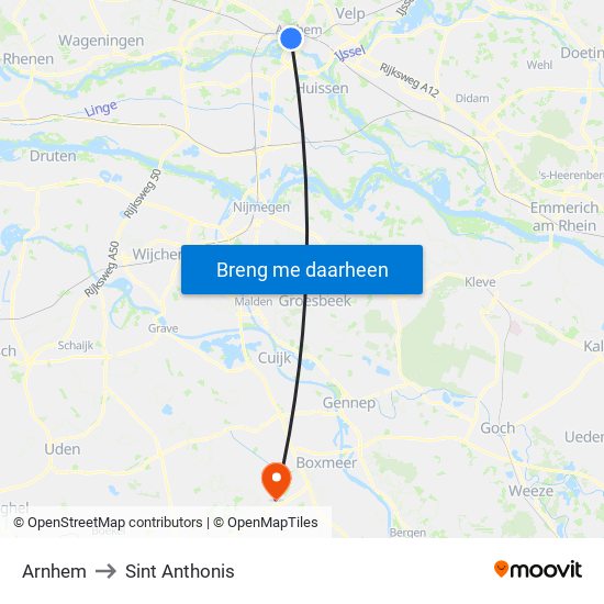 Arnhem to Sint Anthonis map