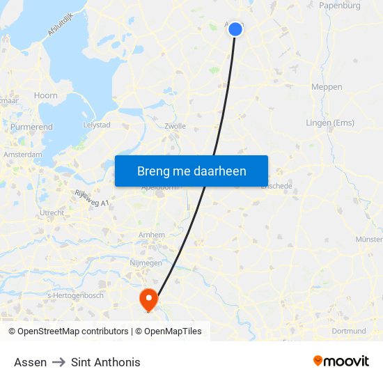 Assen to Sint Anthonis map