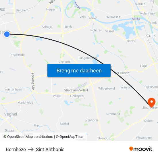 Bernheze to Sint Anthonis map