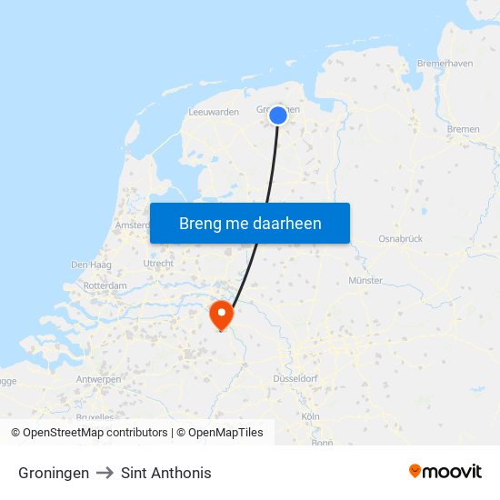 Groningen to Sint Anthonis map