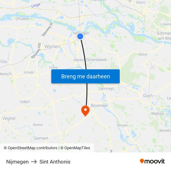 Nijmegen to Sint Anthonis map