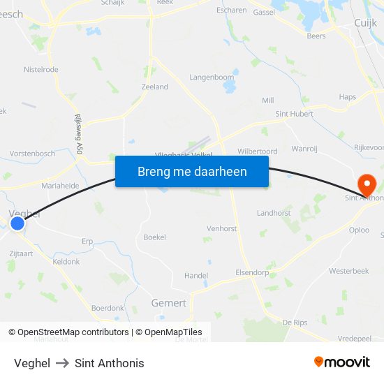 Veghel to Sint Anthonis map