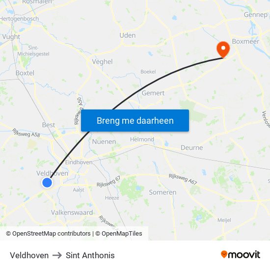 Veldhoven to Sint Anthonis map