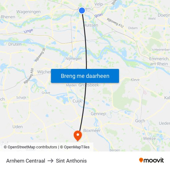 Arnhem Centraal to Sint Anthonis map
