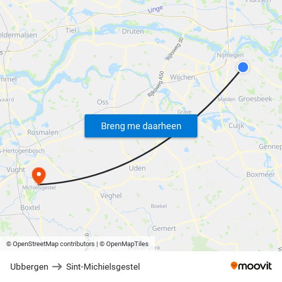 Ubbergen to Sint-Michielsgestel map