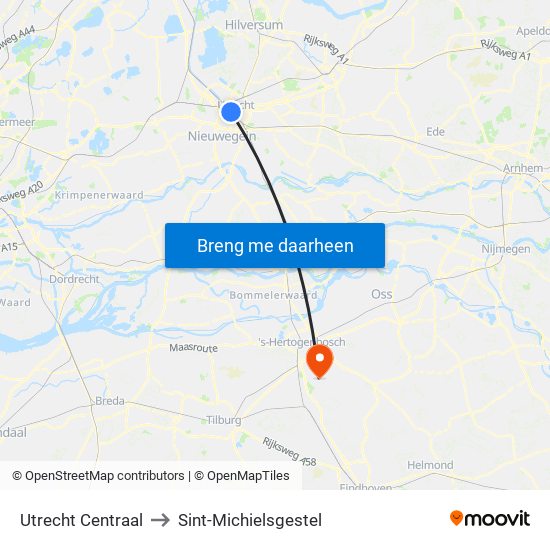 Utrecht Centraal to Sint-Michielsgestel map