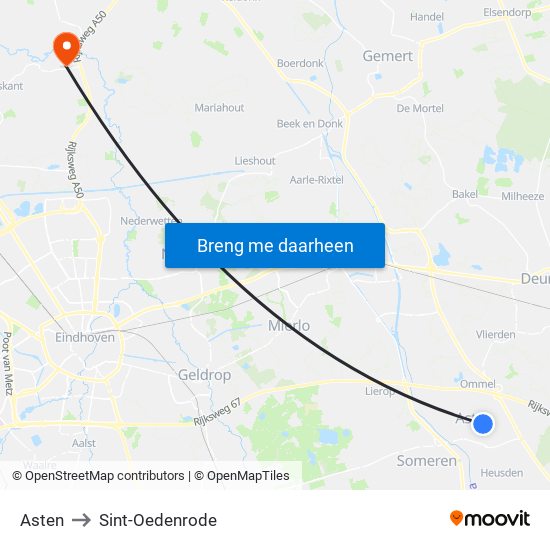 Asten to Sint-Oedenrode map