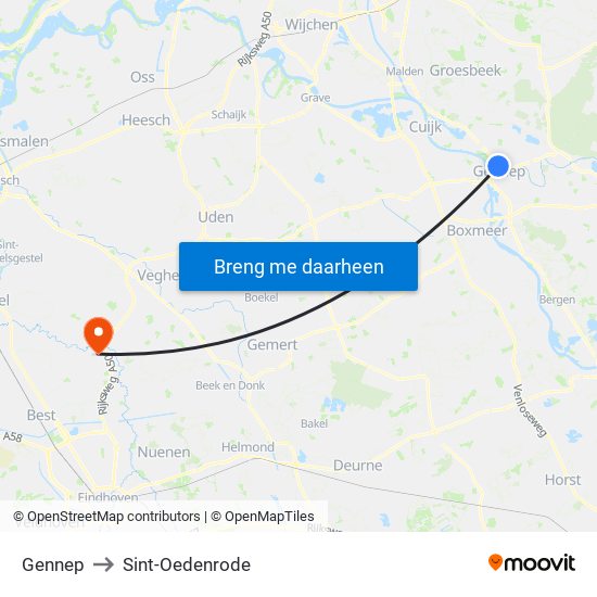 Gennep to Sint-Oedenrode map