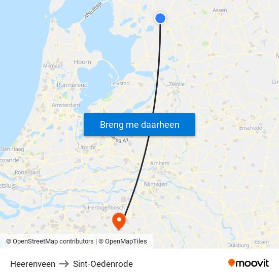Heerenveen to Sint-Oedenrode map