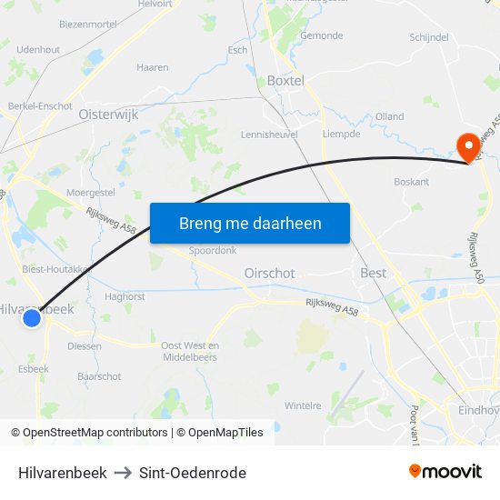 Hilvarenbeek to Sint-Oedenrode map