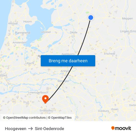 Hoogeveen to Sint-Oedenrode map