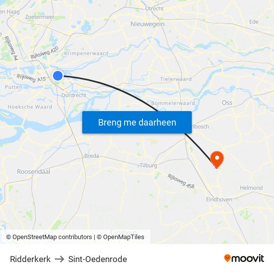 Ridderkerk to Sint-Oedenrode map