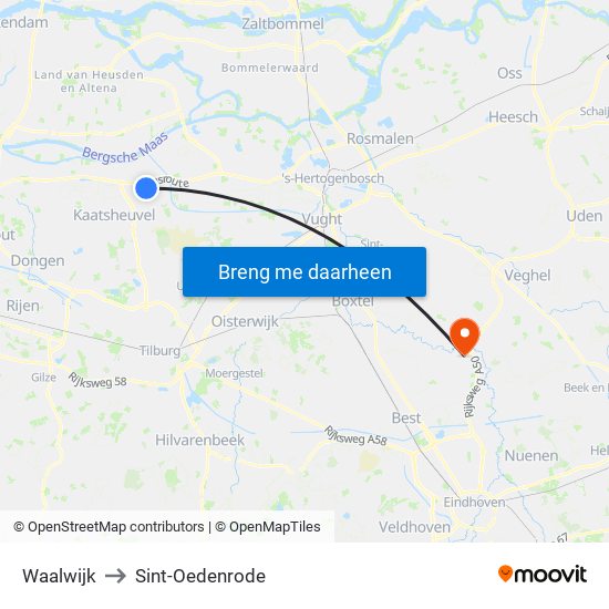 Waalwijk to Sint-Oedenrode map