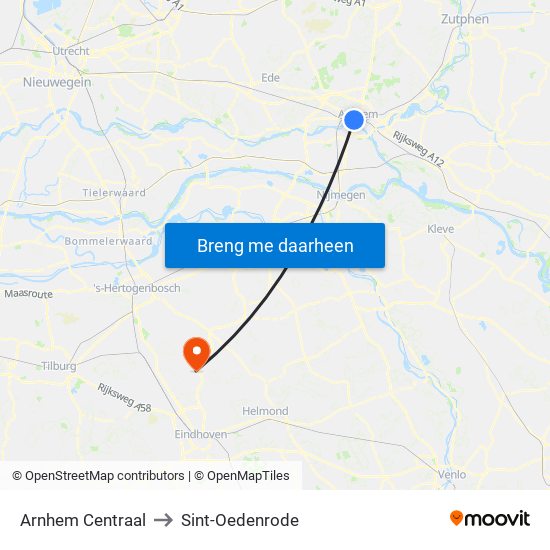 Arnhem Centraal to Sint-Oedenrode map